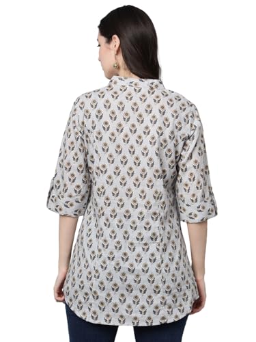 Divena Cotton Floral Print Shirt Style Top Grey