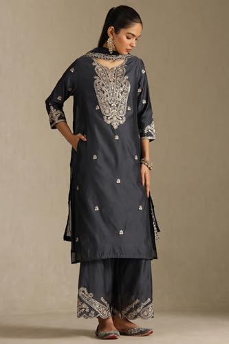 Soch Womens Charcoal Chanderi Embroidered Suit Set Sequins