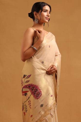 Soch Womens Beige Chanderi Bird Motifs Zari Woven Saree
