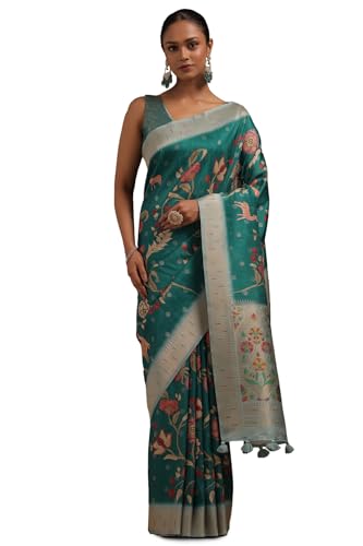 Soch Womens Teal Tussar Floral Print Saree