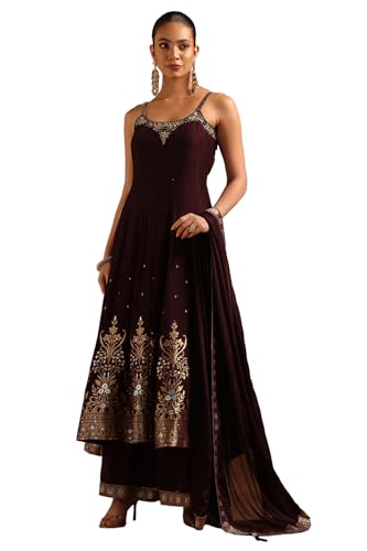 Soch Womens Wine Brocade Zari Woven Salwar Suit With Stone Work