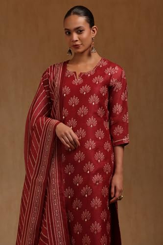 Soch Womens Brick Red Chanderi Floral Printed Salwar Suit With Zari