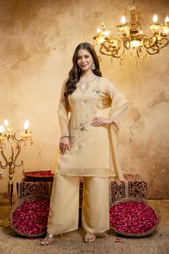 Women's Embroidered Silk Blend Kurta Set With Dupatta And Palazzo