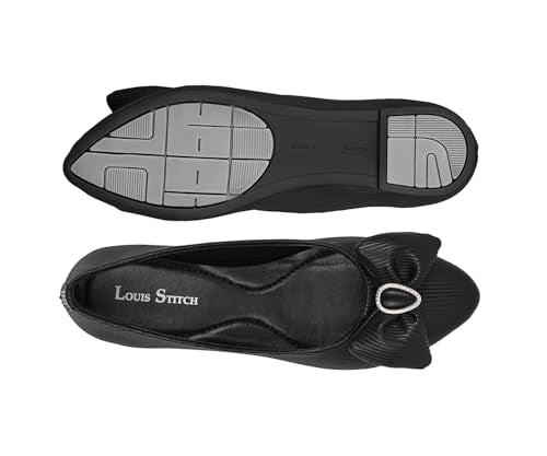 LOUIS STITCH Women’s Black Stylish Bow Ballerina Flats | Premium Closed-Toe Flat Sandals| Comfort Ballerina for Office & Everyday Style| LS-LDCF-010 | UK-3