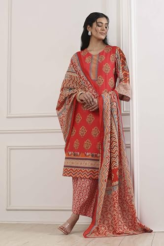 Biba Women Red Cotton Straight Suit Set_32