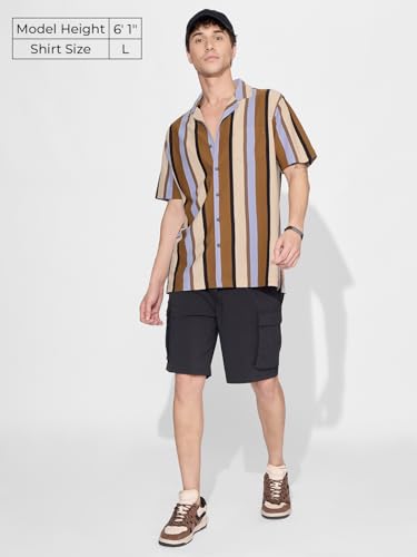 The Souled Store Stripes: Rust, Purple, Yellow Men and Boys Short Sleeves Collared Neck Button Front Cotton Blend Knit Shirts