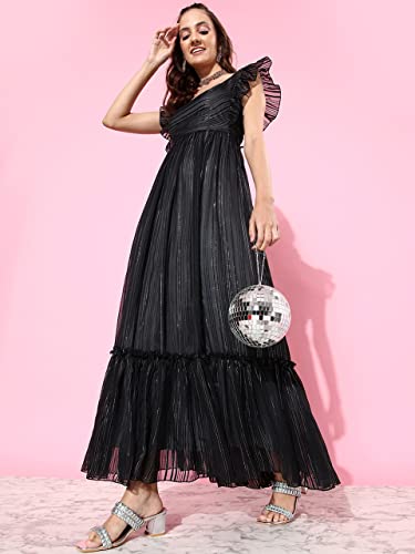 Miss Chase Women's Black Square Neck Layered Ruffles Sleeve Floral Patterned Tiered Georgette Maxi Dress (MCAW22D16-27-62-02, Black, XS)