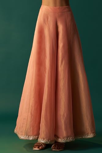 Wishful Women's Pink Dori Embroidered Straight Tissue Organza Kurta with Culotte and Dupatta Set (SP12857-401185-S)