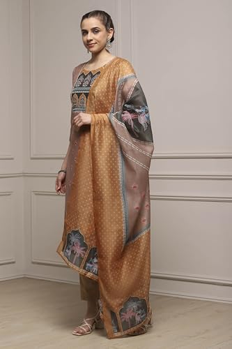 Biba Women Brown Chanderi Blend Printed Embroidered Unstitched Suit Set_FREE SIZE