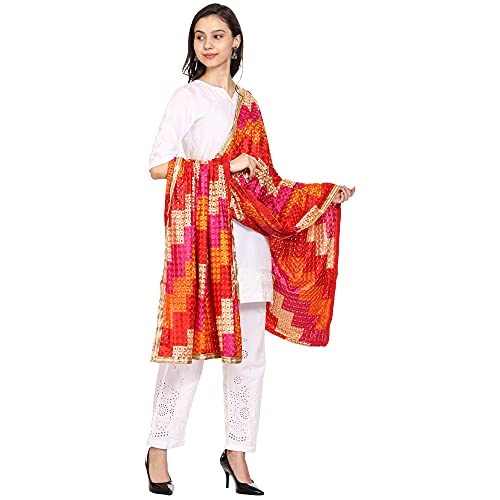 SWI WITH LABEL Women's Embroidered Phulkari Chiffon Dupatta