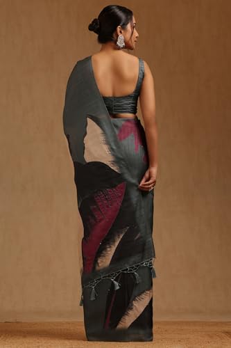 Soch Womens Grey Tussar Hand Embroidered Tropical Saree