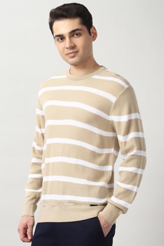 Men Beige Stripe Crew Neck Sweater
