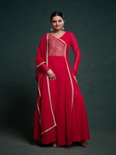 FUSIONIC Red Gota Patti Embellished Gown with Dupatta