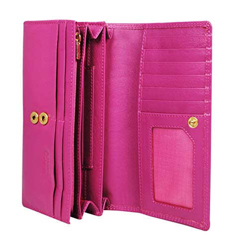 Calfnero Women's Genuine Leather Wallet-Long Purse Wallet with Multiple Card Slots, Zip Pocket and Note Compartment (Pink)