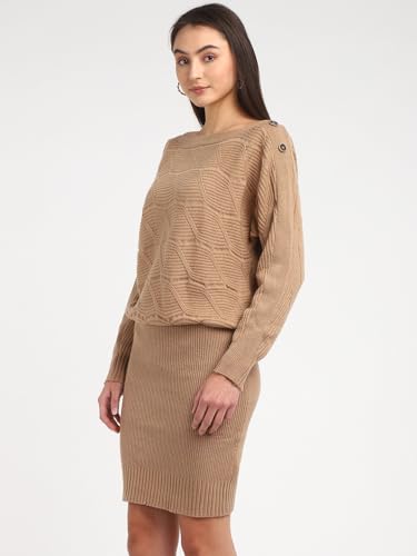 GUESS Women Beige Solid Boat Neck Dress