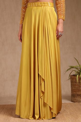 Soch Womens Yellow Nylon Blend Solid Ready To Wear Saree With Beads And Stones