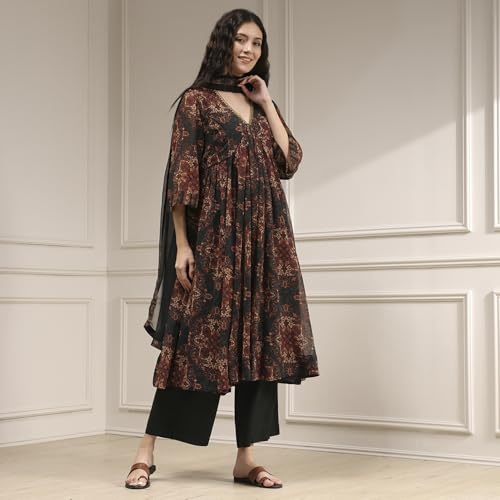Biba Women Charcoal Black Polyester Gathered Printed Suit Set_46