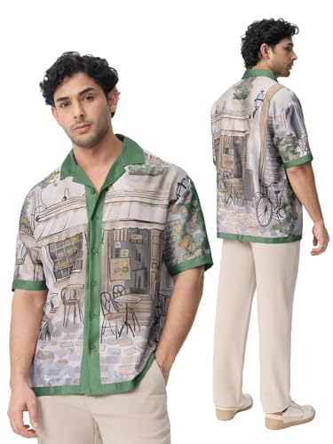 The Souled Store Cuban-Collar Shirt: Morning Brew Men and Boys Short Sleeve Beige All Over Printed Polyester Lightweight Easy to Style Everyday Office Wear Casual Oversized Shirt