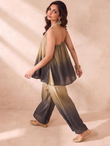 Women Red A Line Fusion Top and Bottom Set Shawl Collar Sleeveless Chinon