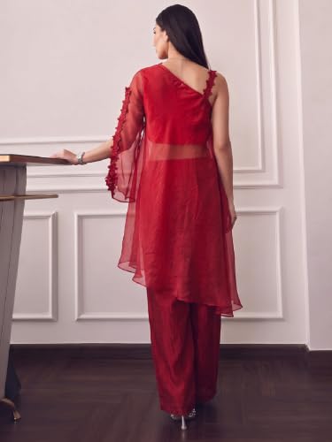 Varanga Women Ombre Red A Line Kurta Palazzos Set One Shoulder Sleeveless