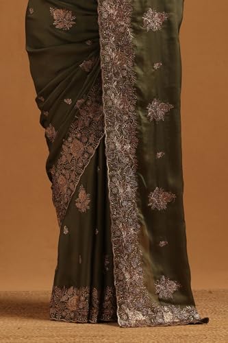 Soch Womens Green Fendy Chiffon Floral Saree With Stone Work
