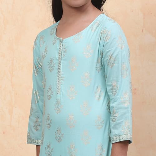 Biba Girls Printed Straight Cotton Kid (Kw2953_Turquoise_13, Suit Set)
