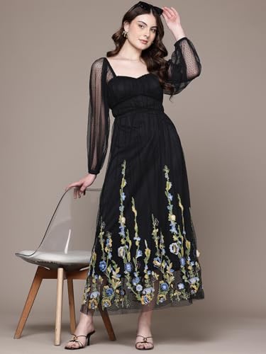 Label RITU KUMAR Black Eden Sweetheart Neck Full Sleeves Long Dress