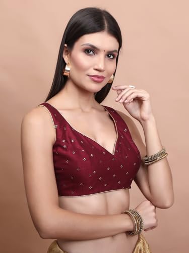 S SALWAR STUDIO Maroon Silk Sleeveless Readymade Padded Blouse