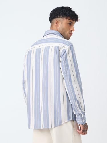 The Souled Store Stripe Shirt: Clash Men and Boys Long Sleeve Spread Collar Light Blue Striped Casual Everyday Office Wear Ligthweight Cotton Relaxed Shirt