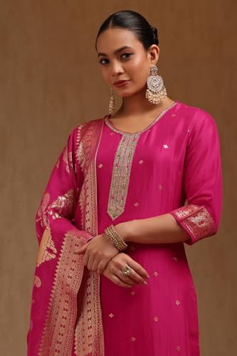 Soch Womens Pink Organza Zari Woven Suit Set With Zardosi