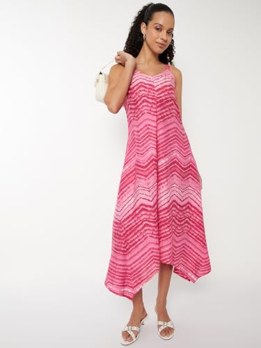 Max Women Printed A-line Midi Dress (Pink_L)