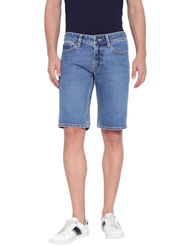 GUESS Sonny Blue Solid Mid Rise Regular Fit Denim Shorts