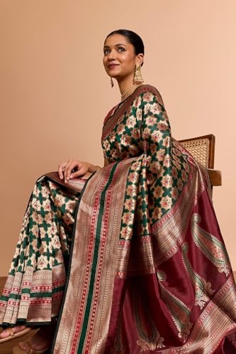 Taneira Women Darkgreen Pure Silk Brocade Banaras Saree With Unstitched Blouse Piece (SAIH04AC5696-Dark Green)
