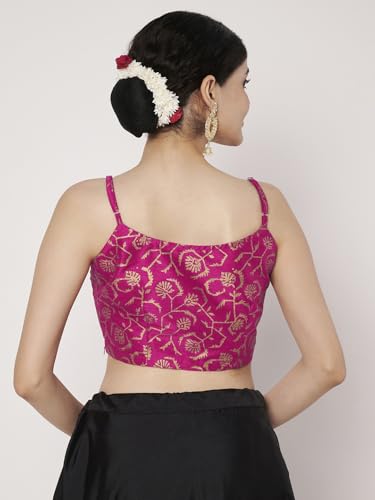 studio rasa Women's Dupion Hand Block Printed Spaghetti Readymade Blouse for Festive Wedding Party (TPWC725BL81_Pink_Small)
