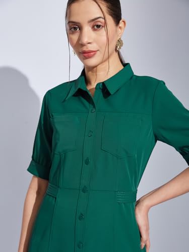 Latin Quarters Women Green Collared Half Sleeves Solid A-Line Shirt Dress for Casual Wear