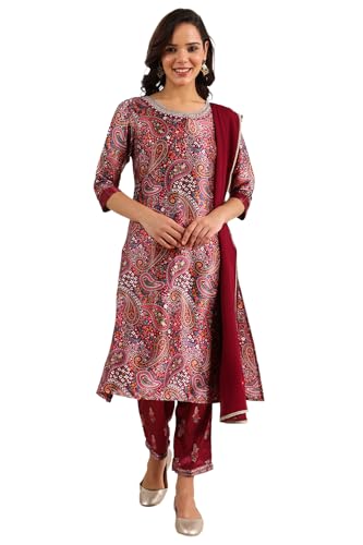 W for Woman Wine Paisley Printed Japanese Satin Embroidered Neck Kurta with Straight Pants with Dupatta (Size: XXL)-24AUWS11968-124645