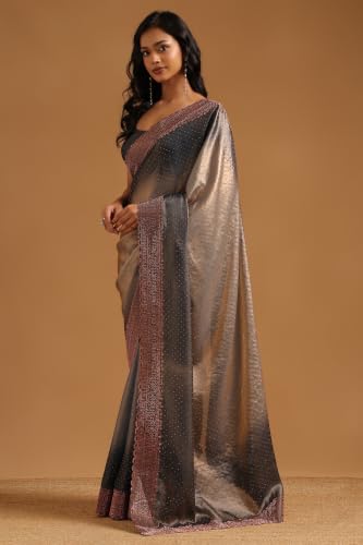 Soch Womens Blue Fendy Organza Ombre Stone Embellished Saree