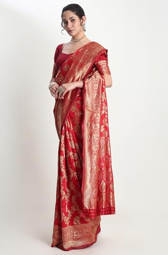 Janasya Women's Red Silk Blend Floral Woven Design Jacquard Saree with Blouse Piece