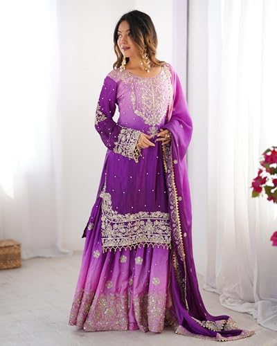 Leeli Peeri Designer Women's Chinon Silk Embroidery Light Purple Kurta Sharara Set With Dupatta(45PDM14-M)