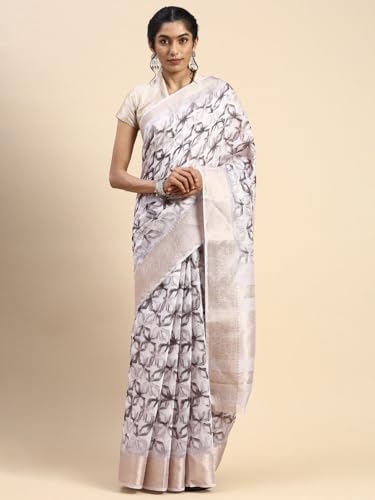 RAMRAJ Semi Linen Flower Print Light Grey Colour Semi Linen Saree(Grey;OS)