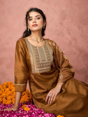 Hritika Women's Brown Silk Blend Embroidered Kurta Set with Dupatta_RE_HRKBD0200BROWN_L