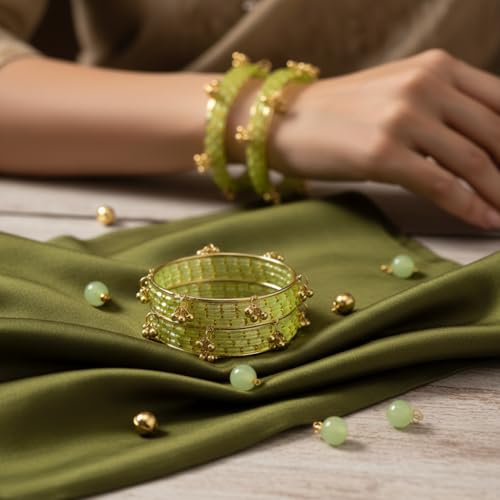 KAYASHA Pista Kashmiri Ghungroo Glass Bangle Set for Women | Light Weight Bangles | Traditional Transparent Fancy Glass Chudi Set for Wedding, Party|Set Of 16(12 Glass + 4 ghungroo bangles)