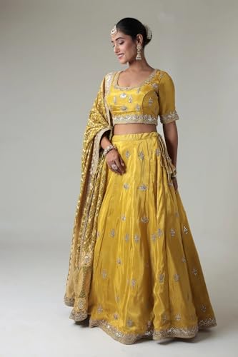 Women's Embellished Silk Lehenga with Contrast Bandhej Dupatta