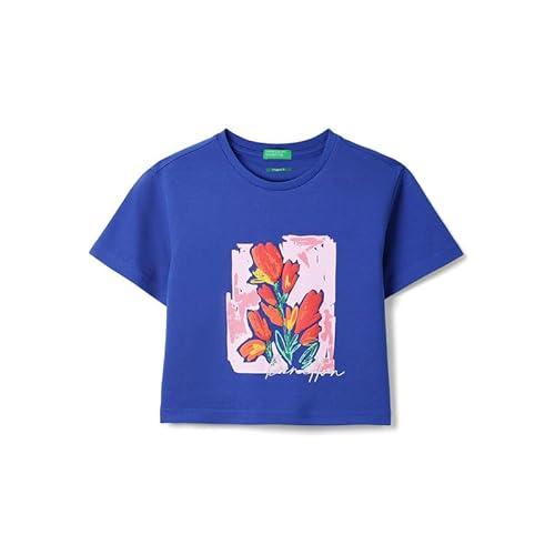 United Colors of Benetton Cropped Fit Round Neck Graphic Print T-Shirt Blue