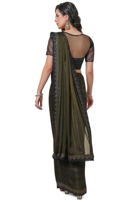 Soch Womens Olive Striped Lace Thread Work Chiffon Saree