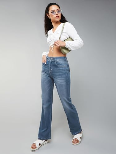 Miss Chase Women's Mom Fit High Rise Hand Painted Heavy Wash Stretchable Denim Jeans (MCSS18DEN02-19-386-34, Pastel Blue, 34)