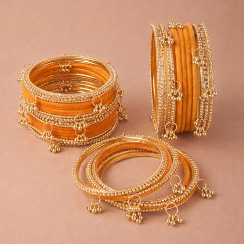 Shining Diva Fashion 20 Pcs Traditional Stylish Ghungroo Velvet Kashmiri Bangles Set for Women & Girls (rrsd17407b_2.8) (Bright Orange)