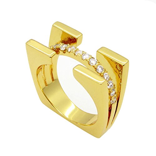 RUVEE Dual Square Band Golden Ripple Crystal American Diamond 22K Gold Plated Alloy Ring for Women & Girls