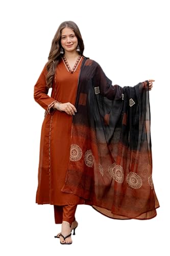 MEERA FAB Women Floral Printed Pure Cotton Straight V-Neck Side Pocket Kurta with Palazzos & Dupatta