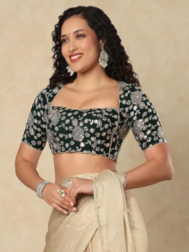 SALWAR STUDIO Bottle Green Georgette Sweetheart Neck Readymade Blouse with Embellishment